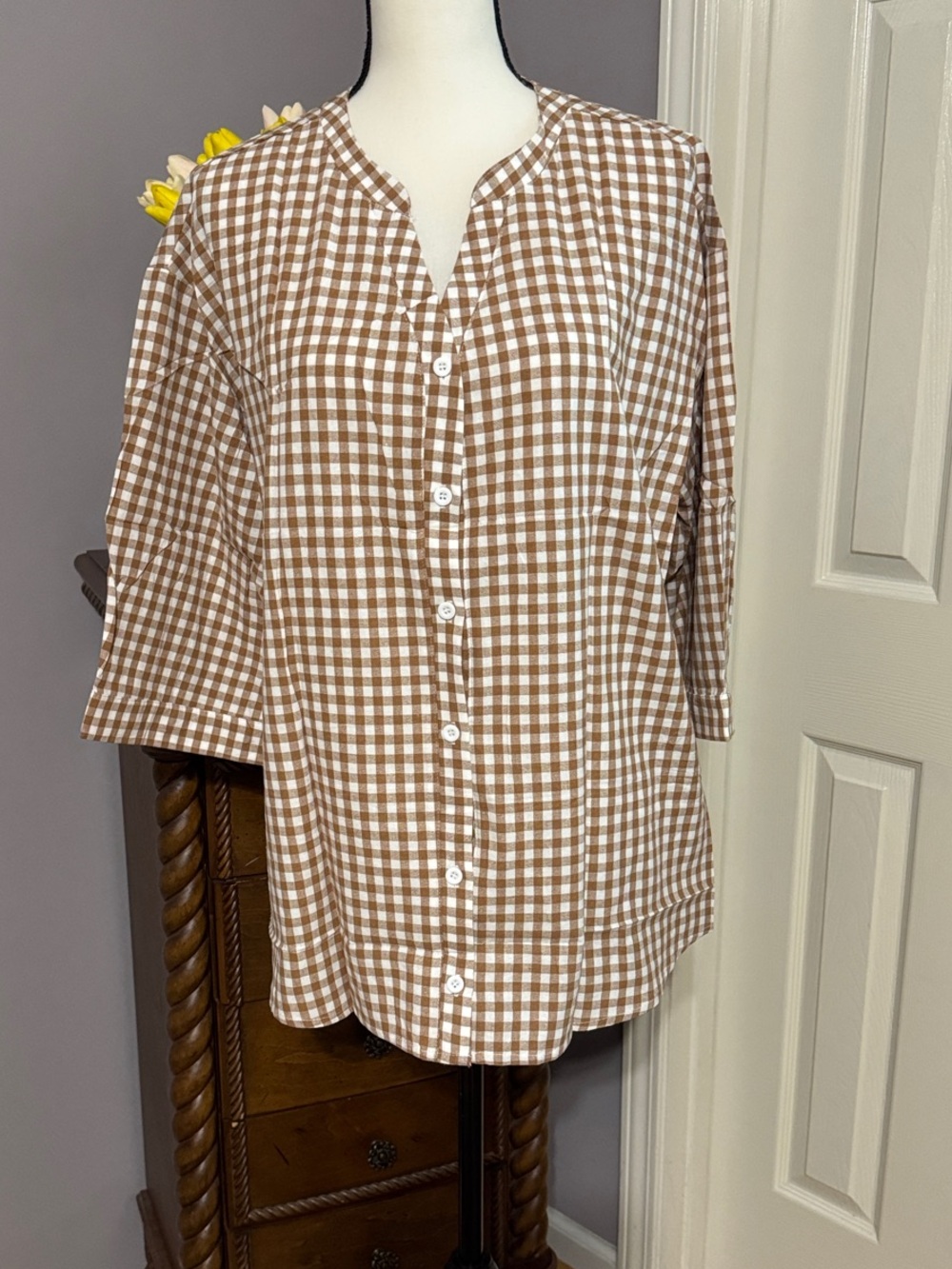 Lomon Brown and White Gingham Button-Front Top L - Picture 3 of 9